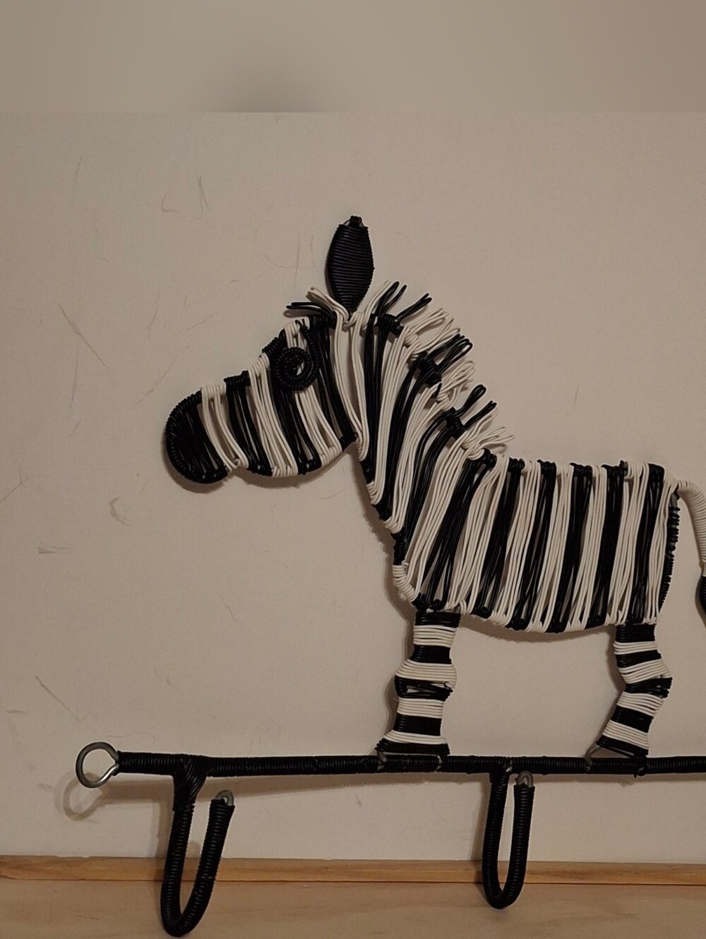 Vintage Handmade African Telephone Wire Folk Art Zebra Wall Hook, Safari 11.5"